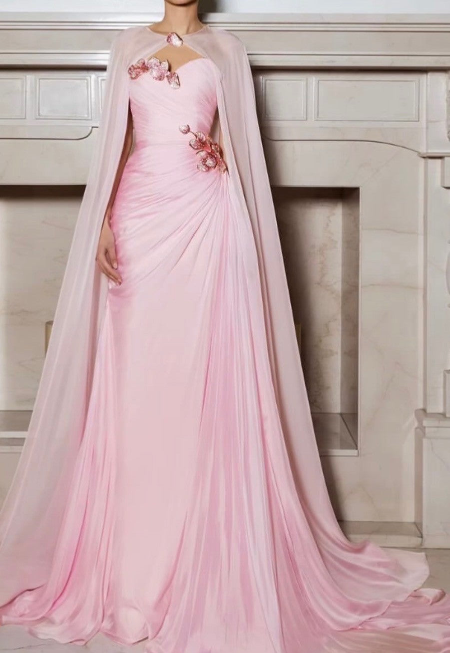 Sophie Couture BLUSH PINK GOWN WITH CAPE AND BEJEWELED FLOWERS Size 4 Retails $4