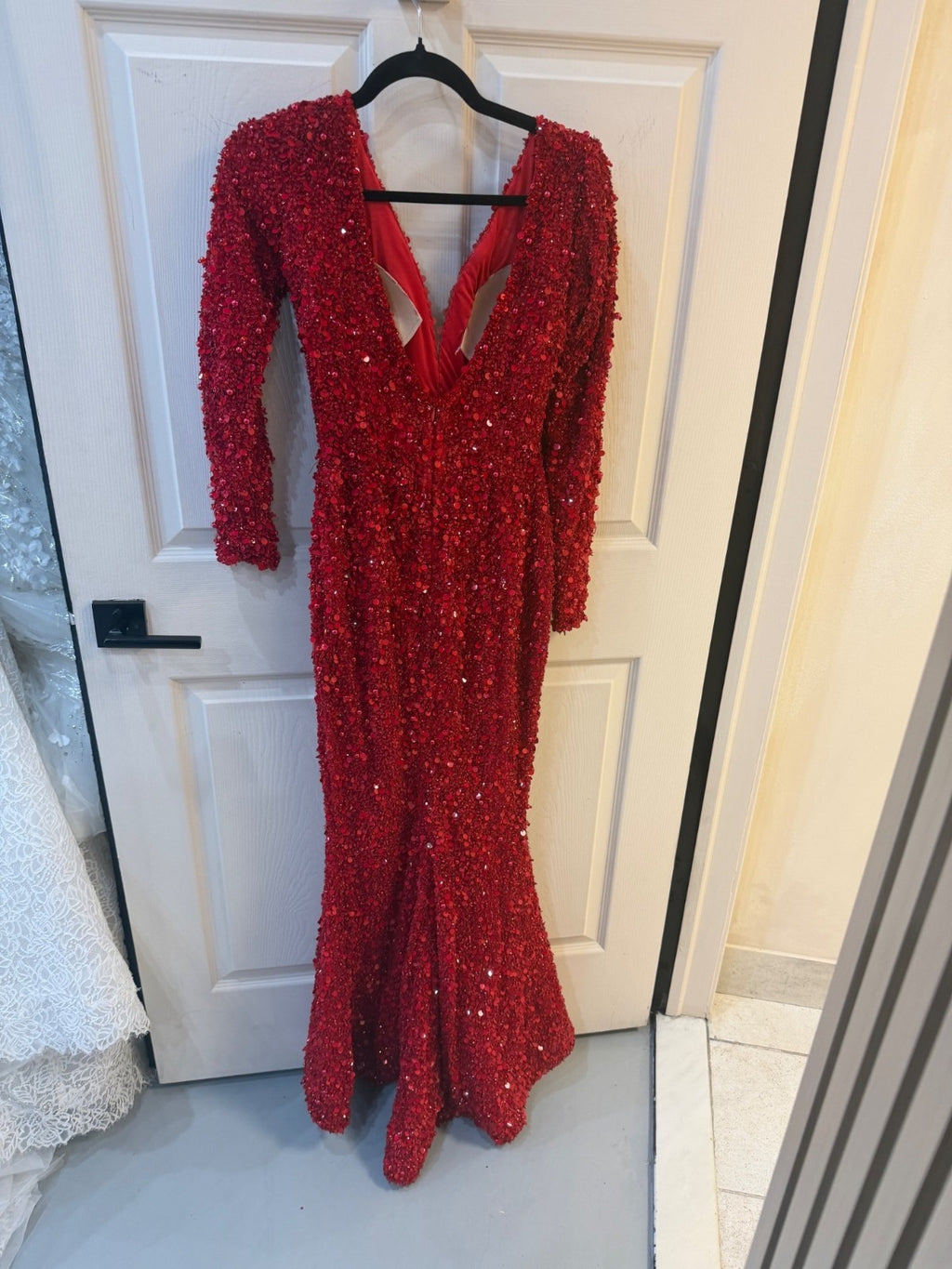 ALBINA DYLA RED EMBELLISHED LONG-SLEEVE DRESS WITH V-NECKLINE Size S Retails 1,0