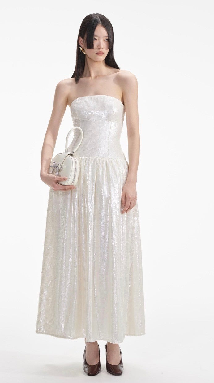 NWT self-portrait Cream Sequin Bandeau Midi Dress Size 6 Retails $700