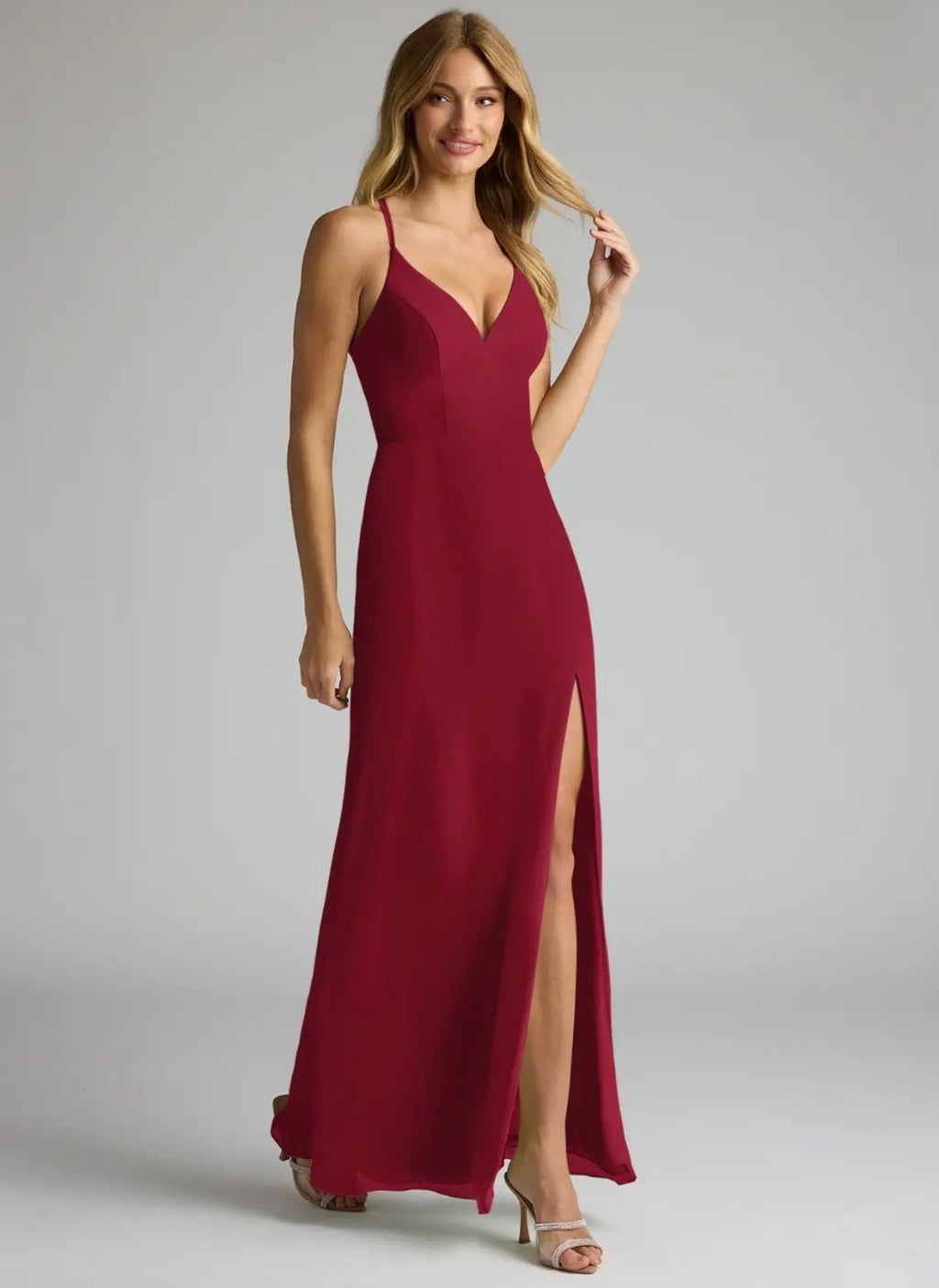 NWT Azazie Becca Burgundy Sheath V-Neck Chiffon Dress Size 0