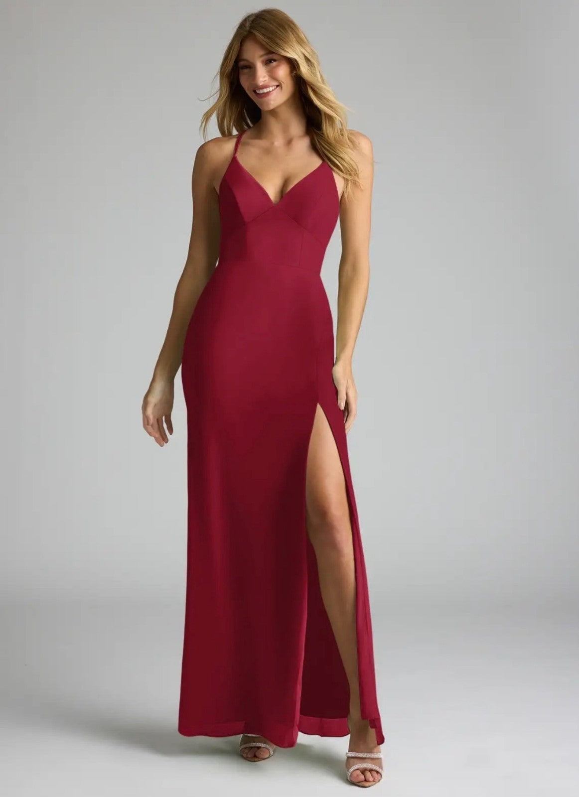 NWT Azazie Becca Burgundy Sheath V-Neck Chiffon Dress Size 0