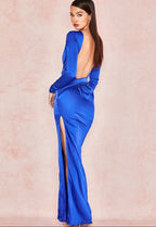 House Of CB 'Salome' Electric Blue Satin Open Front Maxi Dress Size S