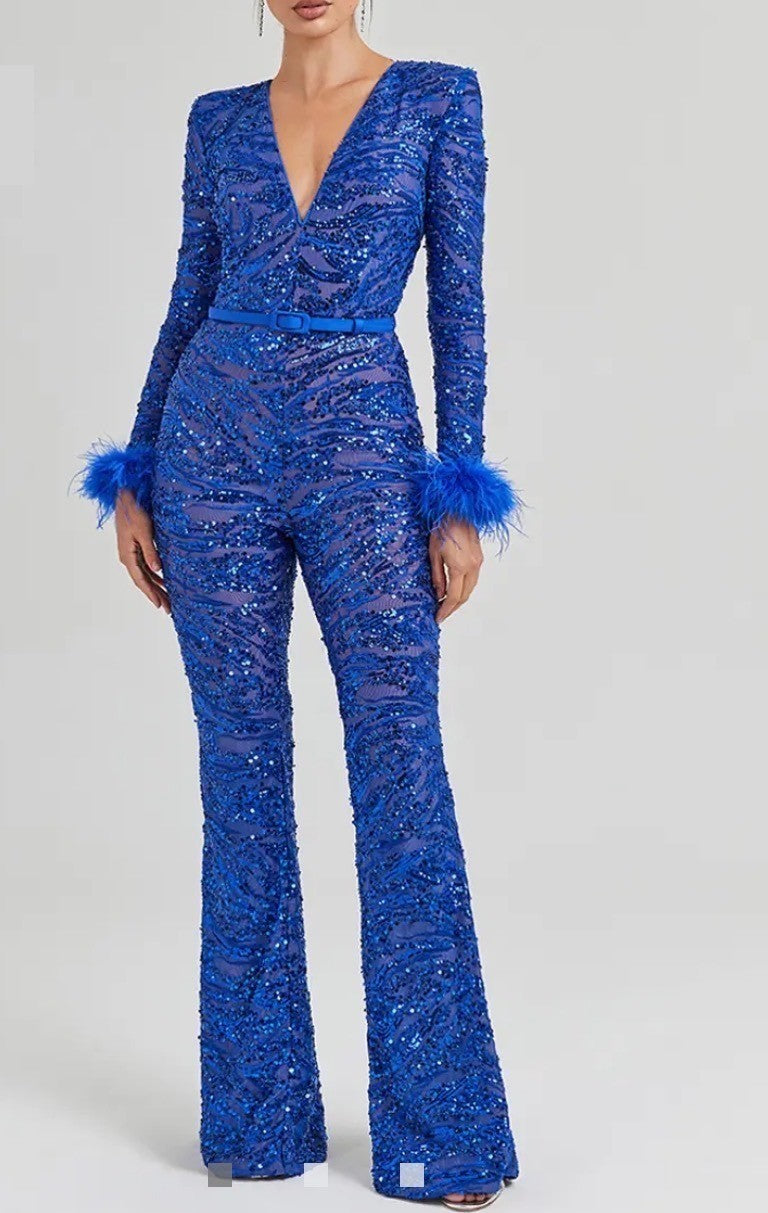 Nadine Merabi Blue Tia Jumpsuit Size 4 Retails $655