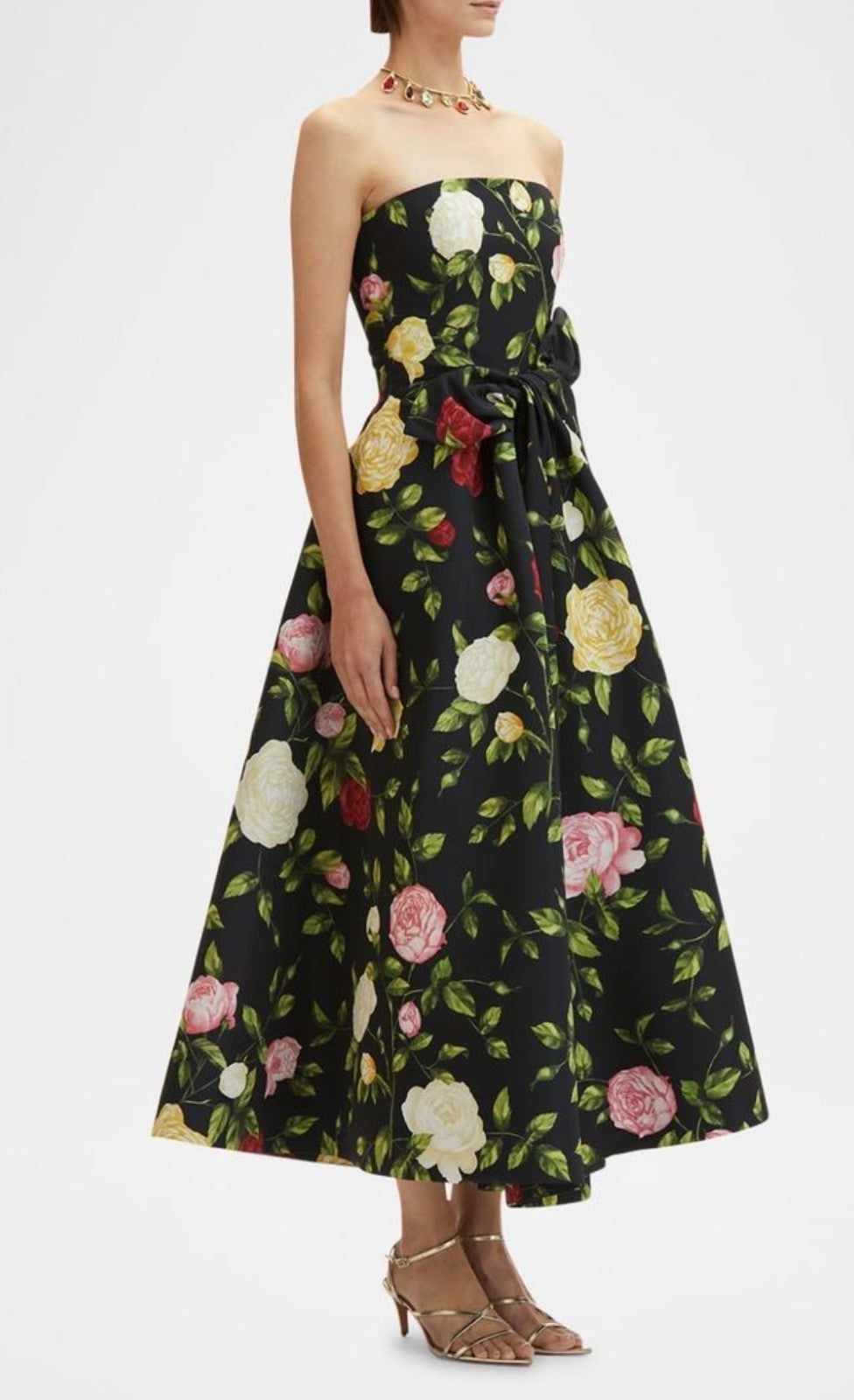 Oscar De La Renta Womens Strapless English Roses Faille Tea-Length Dress Size 4