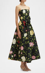 Oscar De La Renta Womens Strapless English Roses Faille Tea-Length Dress Size 4