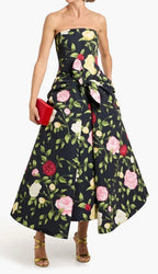 Oscar De La Renta Womens Strapless English Roses Faille Tea-Length Dress Size 4