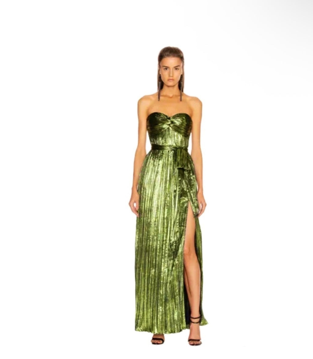 Jonathan Simkhai Metallic Plisse Green Gown Size S Retails $995