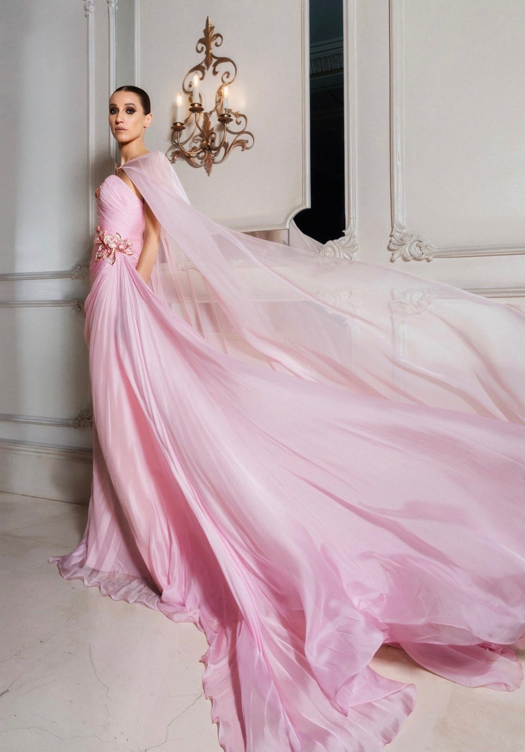 Sophie Couture BLUSH PINK GOWN WITH CAPE AND BEJEWELED FLOWERS Size 4 Retails $4