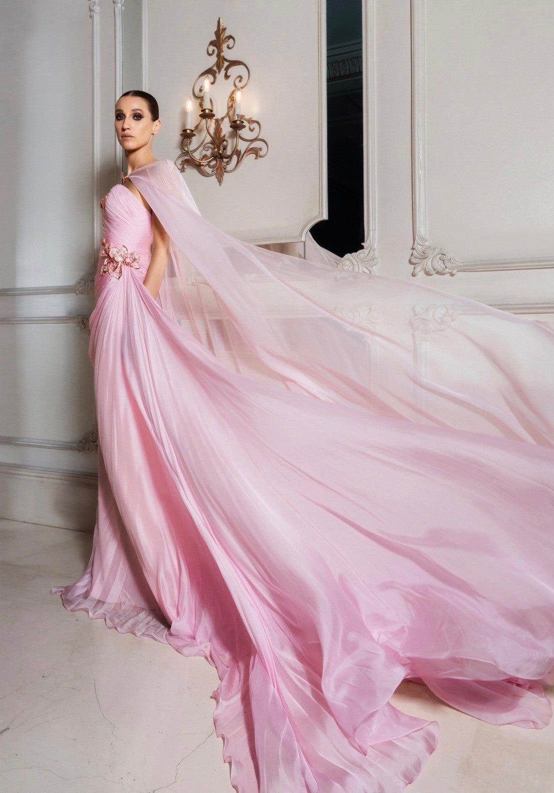 Sophie Couture BLUSH PINK GOWN WITH CAPE AND BEJEWELED FLOWERS Size 4 Retails $4