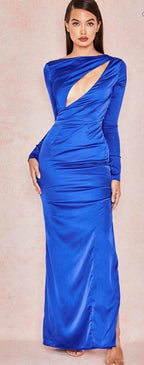 House Of CB 'Salome' Electric Blue Satin Open Front Maxi Dress Size S