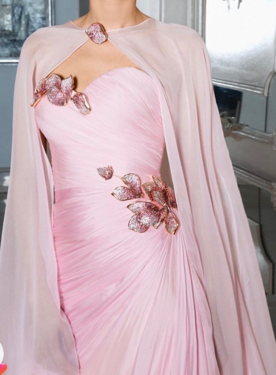 Sophie Couture BLUSH PINK GOWN WITH CAPE AND BEJEWELED FLOWERS Size 4 Retails $4