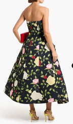 Oscar De La Renta Womens Strapless English Roses Faille Tea-Length Dress Size 4