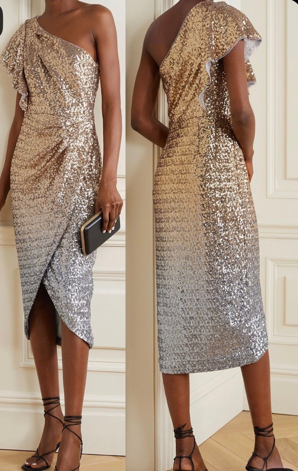 Marchesa Notte Ombre Sequin One-Shoulder Flutter Dress Size 6 Retails $895