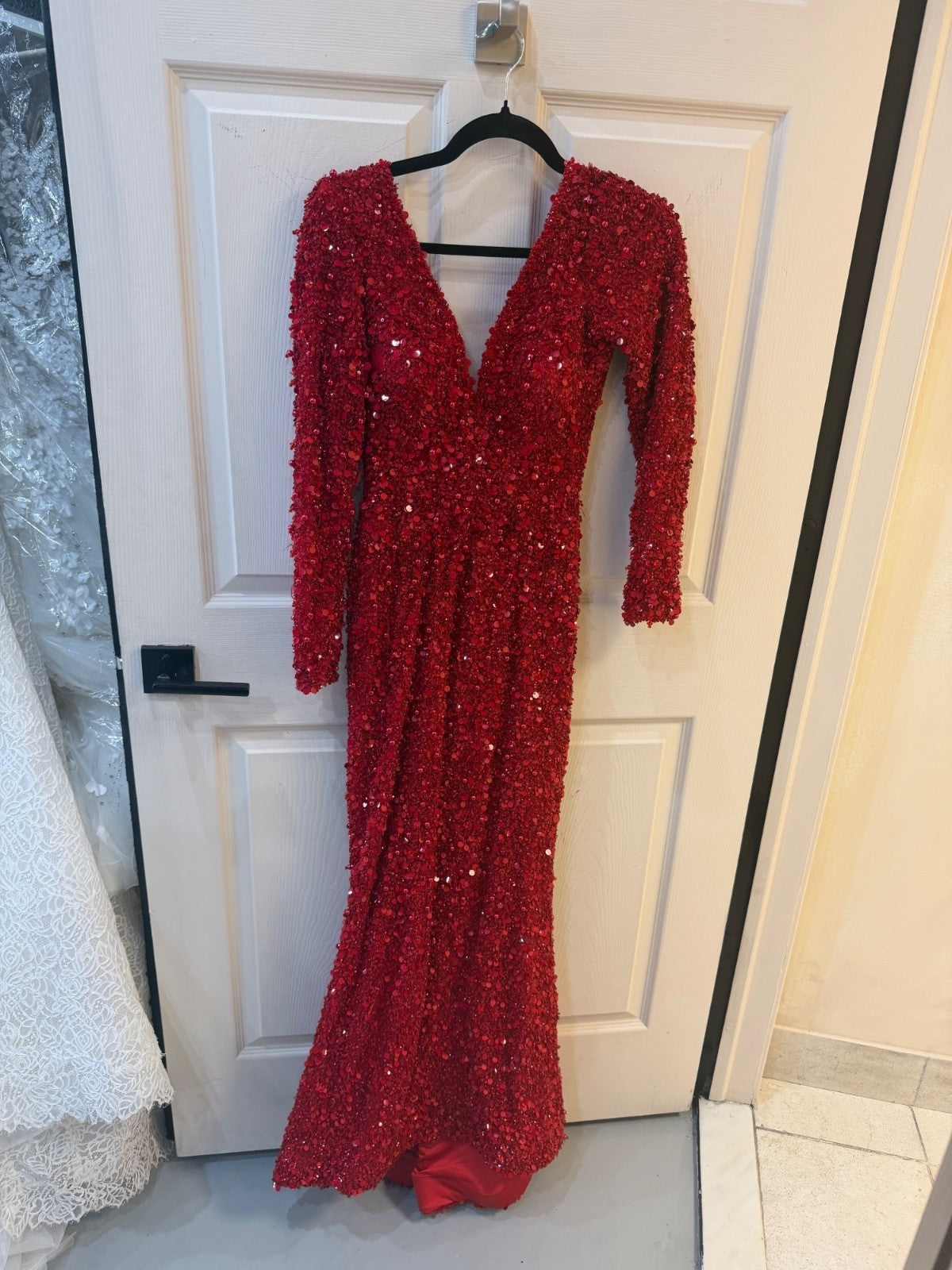 ALBINA DYLA RED EMBELLISHED LONG-SLEEVE DRESS WITH V-NECKLINE Size S Retails 1,0