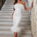 Nadine Merabi White Feather & Sequin Midi Dress Size XS – Elegant Party Wear