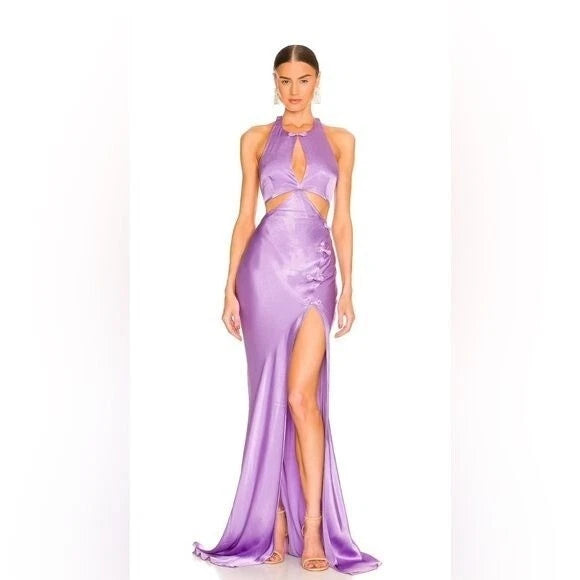 Sau Lee Salome Gown Size 4 – Purple Satin Halter Maxi with High Slit and Bow