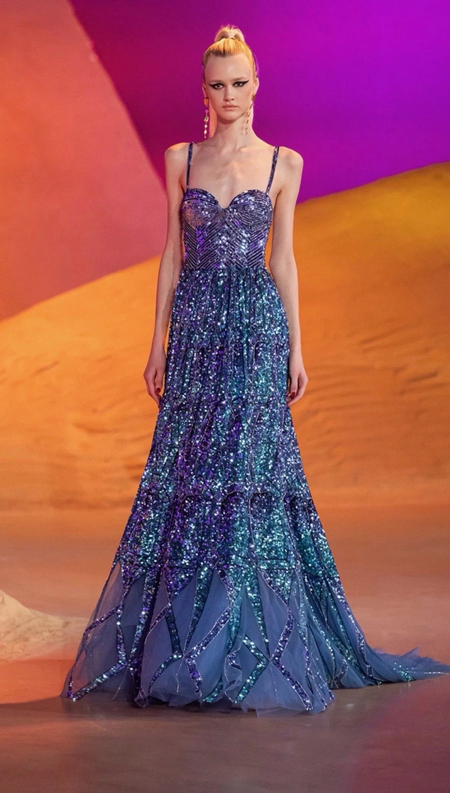 Georges Hobeika Couture Blue Beaded Corset Tulle Gown Size 42