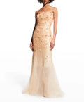 Carolina Herrera Sequin Floral Applique Strapless Gown Size 8 – Peach Maxi