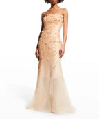 Carolina Herrera Sequin Floral Applique Strapless Gown Size 8 – Peach Maxi
