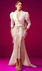 Marwan Midi Dress with Feathered Skirt and Sweep Train Size 40