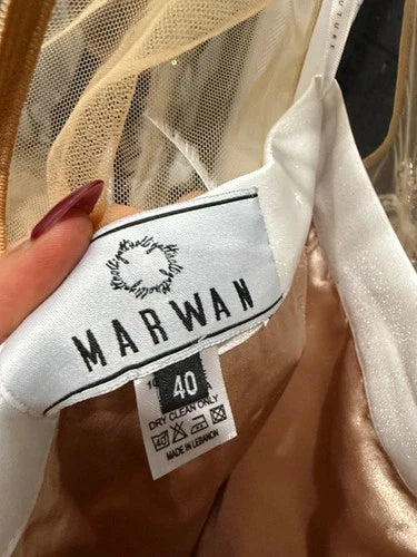 Marwan Midi Dress with Feathered Skirt and Sweep Train Size 40 – Elegant Off-White Style