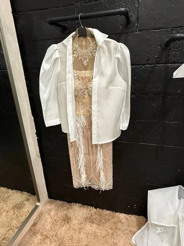 Marwan Midi Dress with Feathered Skirt and Sweep Train Size 40 – Elegant Off-White Style