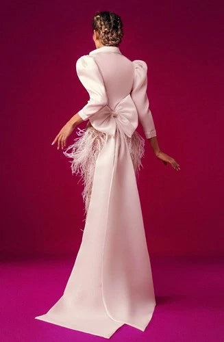 Marwan Midi Dress with Feathered Skirt and Sweep Train Size 40 – Elegant Off-White Style
