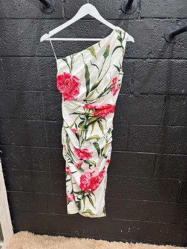 Dolce & Gabbana One-Shoulder Silk Dress with Floral Print Size 36 – Elegant Midi Style