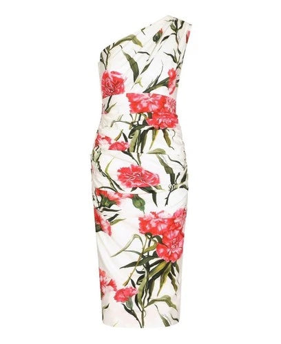 Dolce & Gabbana One-Shoulder Silk Dress with Floral Print Size 36 – Elegant Midi Style