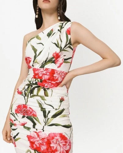 Dolce & Gabbana One-Shoulder Silk Dress with Floral Print Size 36 – Elegant Midi Style