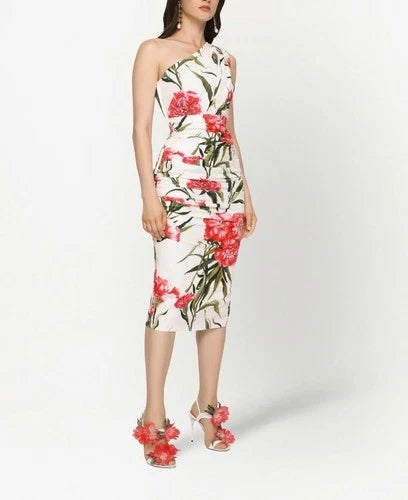 Dolce & Gabbana One-Shoulder Silk Dress with Floral Print Size 36 – Elegant Midi Style