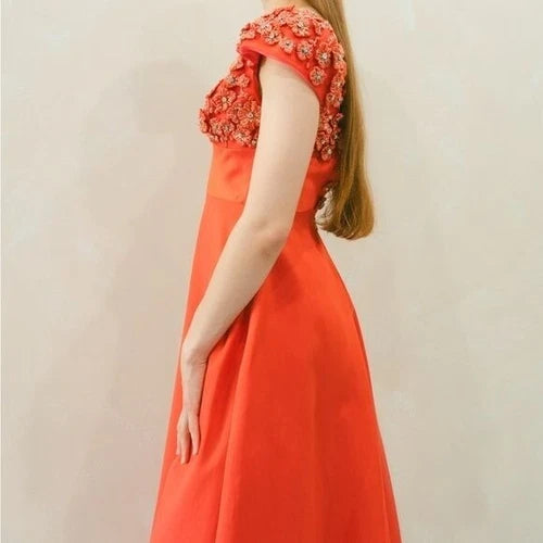 Amsale Coral Floral-Embellished Satin Gown Size 0 – Elegant Wedding Guest Style