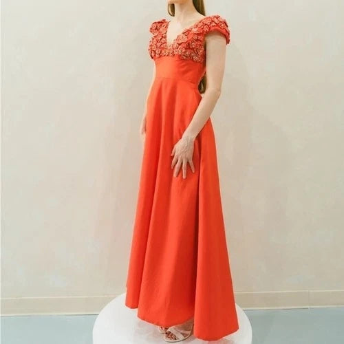 Amsale Coral Floral-Embellished Satin Gown Size 0 – Elegant Wedding Guest Style