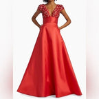 Amsale Coral Floral-Embellished Satin Gown Size 0 – Elegant Wedding Guest Style