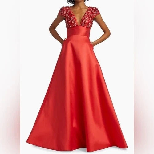 Amsale Coral Floral-Embellished Satin Gown Size 0 – Elegant Wedding Guest Style