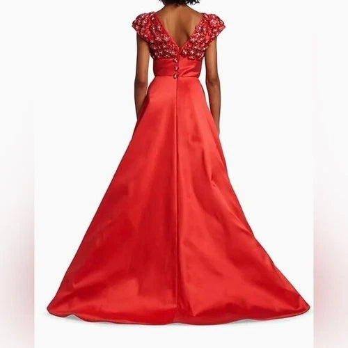 Amsale Coral Floral-Embellished Satin Gown Size 0 – Elegant Wedding Guest Style