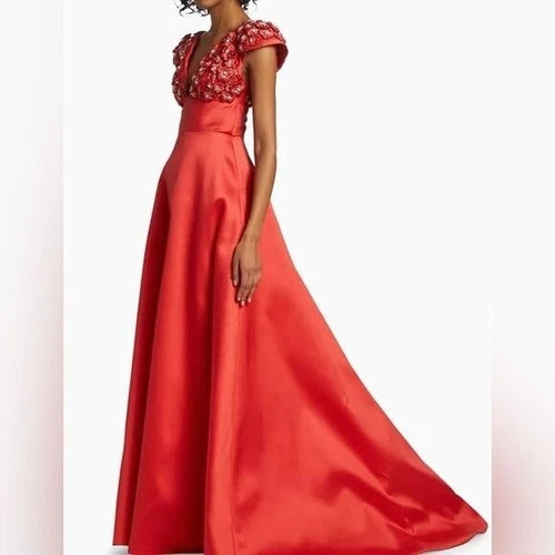 Amsale Coral Floral-Embellished Satin Gown Size 0 – Elegant Wedding Guest Style