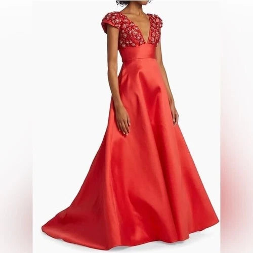 Amsale Coral Floral-Embellished Satin Gown Size 0 – Elegant Wedding Guest Style