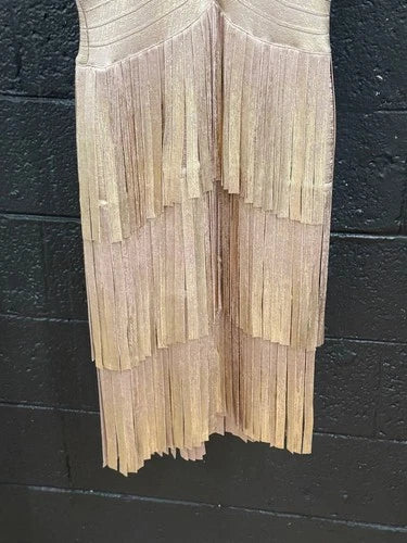 Herve Leger V Neck Foil Fringed Midi Dress Size M – Metallic Bodycon