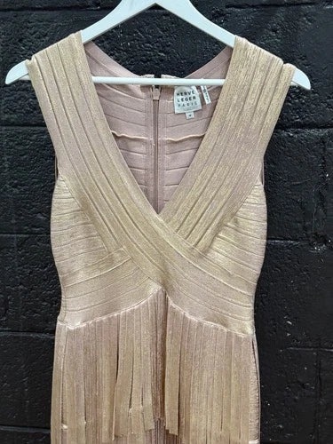 Herve Leger V Neck Foil Fringed Midi Dress Size M – Metallic Bodycon