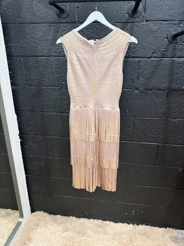 Herve Leger V Neck Foil Fringed Midi Dress Size M – Metallic Bodycon