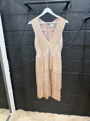 Herve Leger V Neck Foil Fringed Midi Dress Size M – Metallic Bodycon