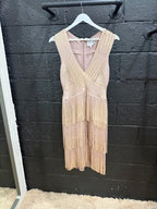 Herve Leger V Neck Foil Fringed Midi Dress Size M – Metallic Bodycon