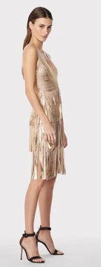 Herve Leger V Neck Foil Fringed Midi Dress Size M – Metallic Bodycon