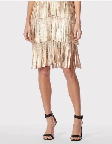Herve Leger V Neck Foil Fringed Midi Dress Size M – Metallic Bodycon