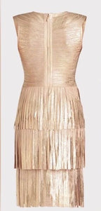 Herve Leger V Neck Foil Fringed Midi Dress Size M – Metallic Bodycon