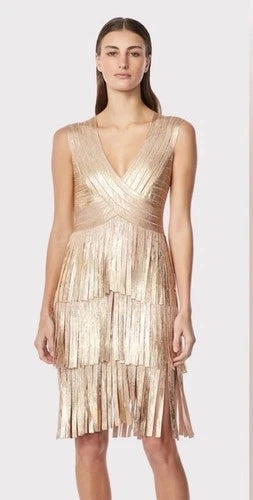 Herve Leger V Neck Foil Fringed Midi Dress Size M – Metallic Bodycon