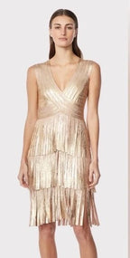 Herve Leger V Neck Foil Fringed Midi Dress Size M – Metallic Bodycon