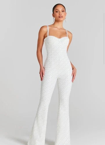 Nadine Merabi Hailey White Jumpsuit Size S/M – Elegant Velvet Statement