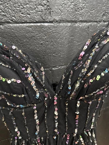 RASARIO Women's Sequined Tulle Maxi Gown Size 8 – Sleek Black Elegance